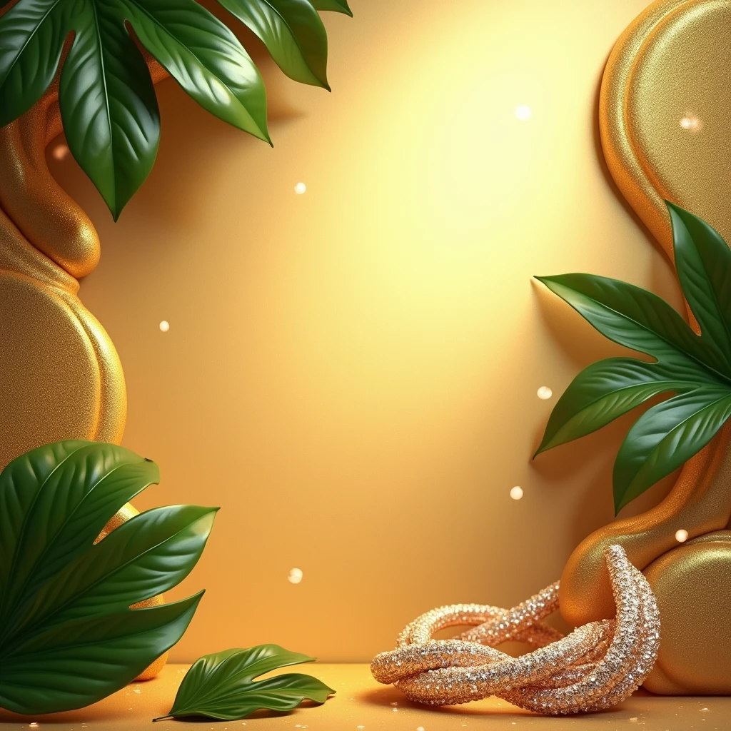 "A luxurious and realistic background featuring a subtle golden texture with a rich, elegant finish. In the upper left corner, include large, glossy green leaves that add a touch of natural beauty. In the bottom right corner in small in size and make space , place similar green leaves intertwined with sparkling, natural crystals, creating a sophisticated contrast against the golden backdrop. The lighting should be soft and warm, highlighting the luxurious texture and enhancing the realism, making it the perfect setting for showcasing exquisite jewelry items."