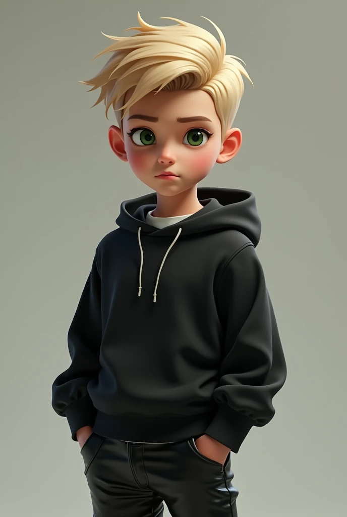 A 1 boy with blond hair, eyeballs, greens, Caucasian skin. He is wearing a black sweatshirt with a white collar.. black leather pants and boots