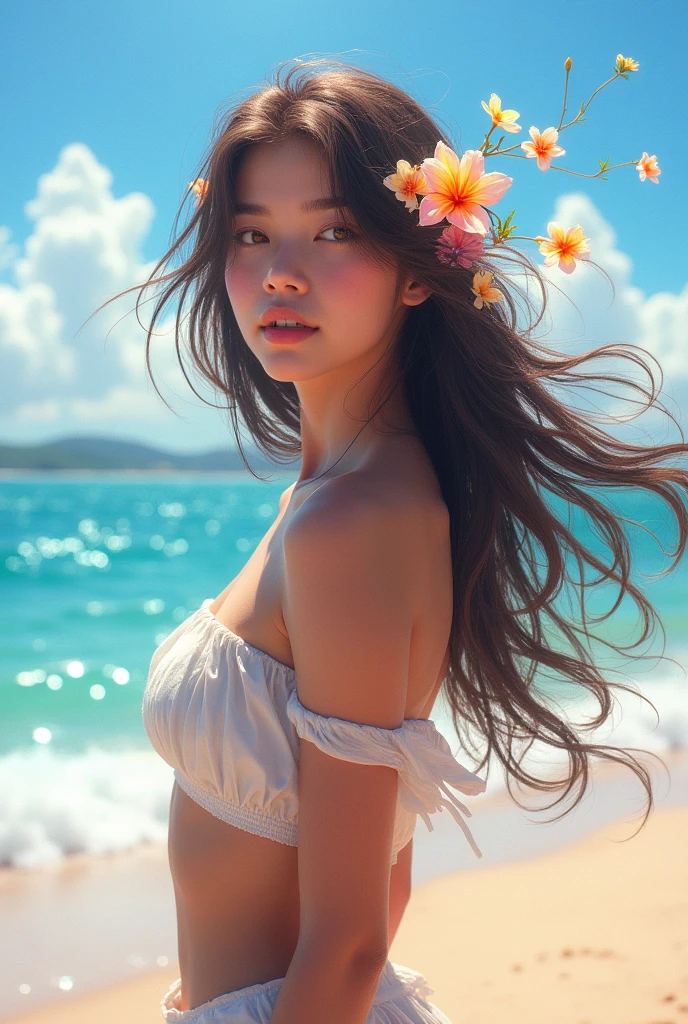can you generate a a girl in beach and her hair in windy with a flowers in iit 