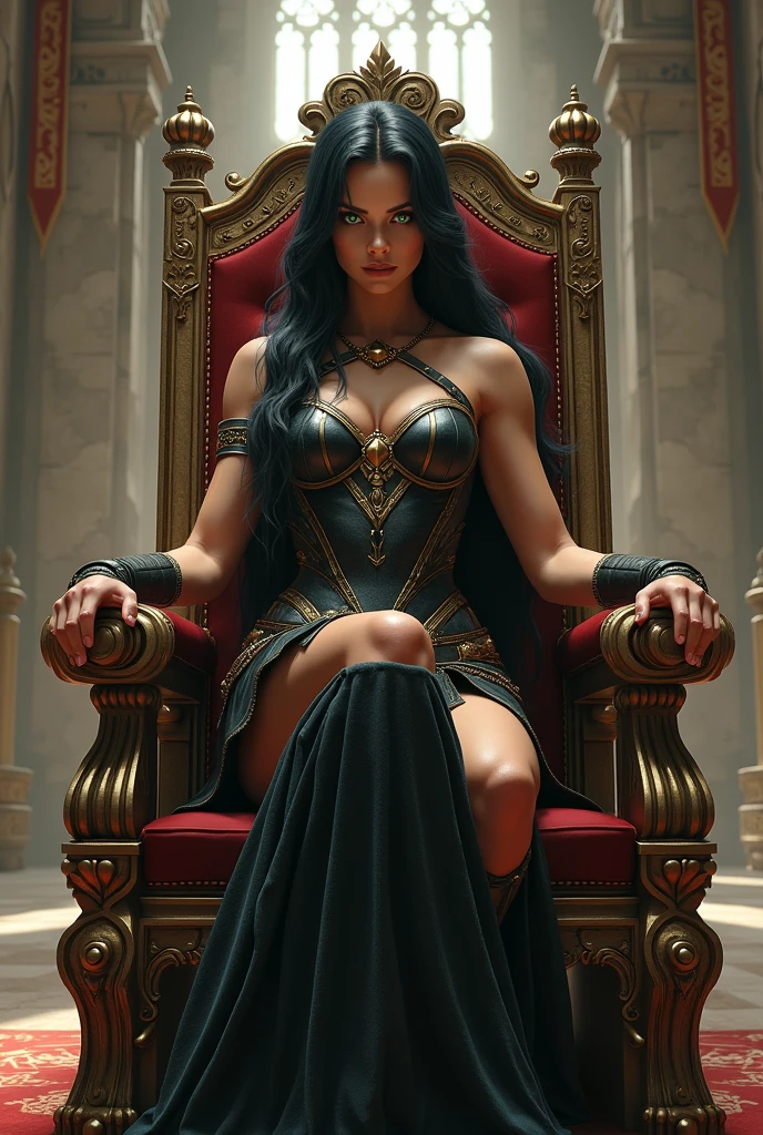 create a photo realistic warrior woman with black hair and piercing green eyes, a black gold leather amazon armour, she is sitting on her big throne in a big room, in an ancient castle