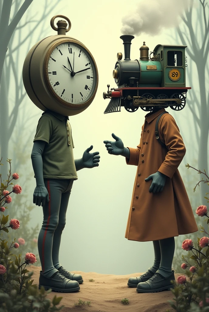 Guy with big watch instead of face pointing at guy with train instead of head