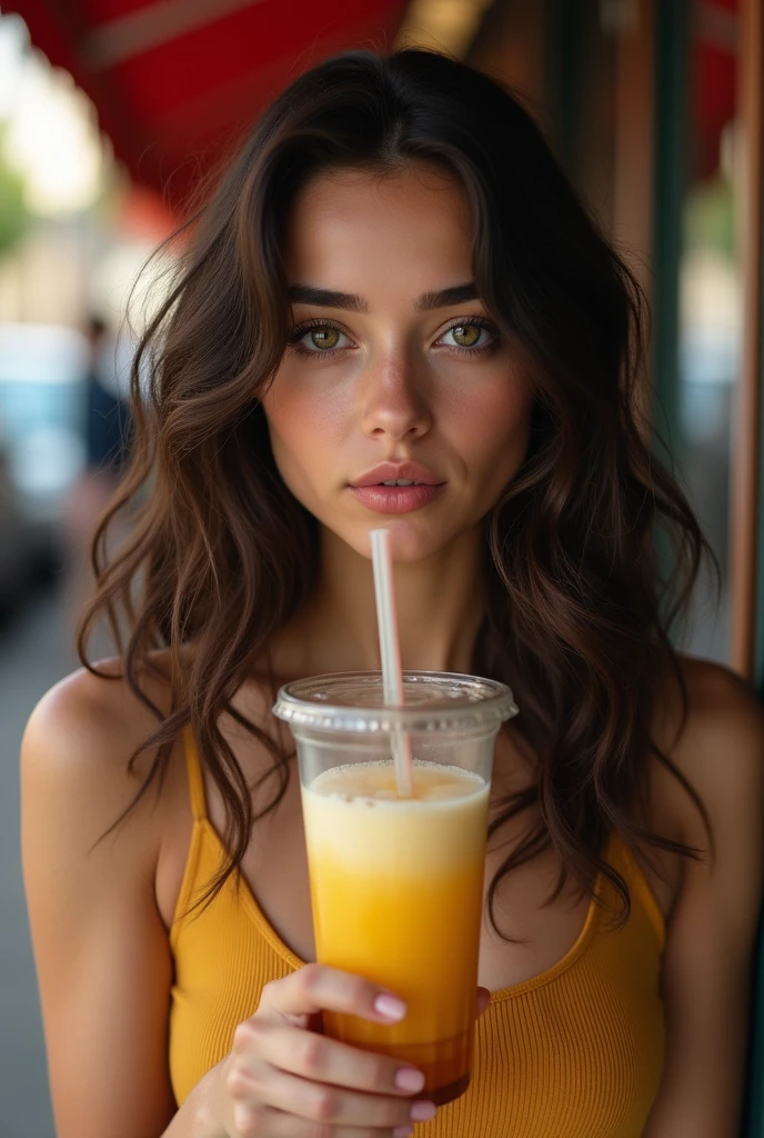 high resolution, masterpiece : 1,2), (realistic : 1,37), (best quality, high resolution, ultra-detailed girl, realistic) Fille aux yeux marrons verts (noisettes) and very dark brown, wavy, almost curly hair falling over her shoulders with mixed-race skin. Elle tient dans sa main un bubble tea jaune. On voit derrière elle des magasins mais il sont floutes. Sa peau est métis, elle habite en France elle n'est pas chinoise. Elle ne sourit pas mais est très belle.