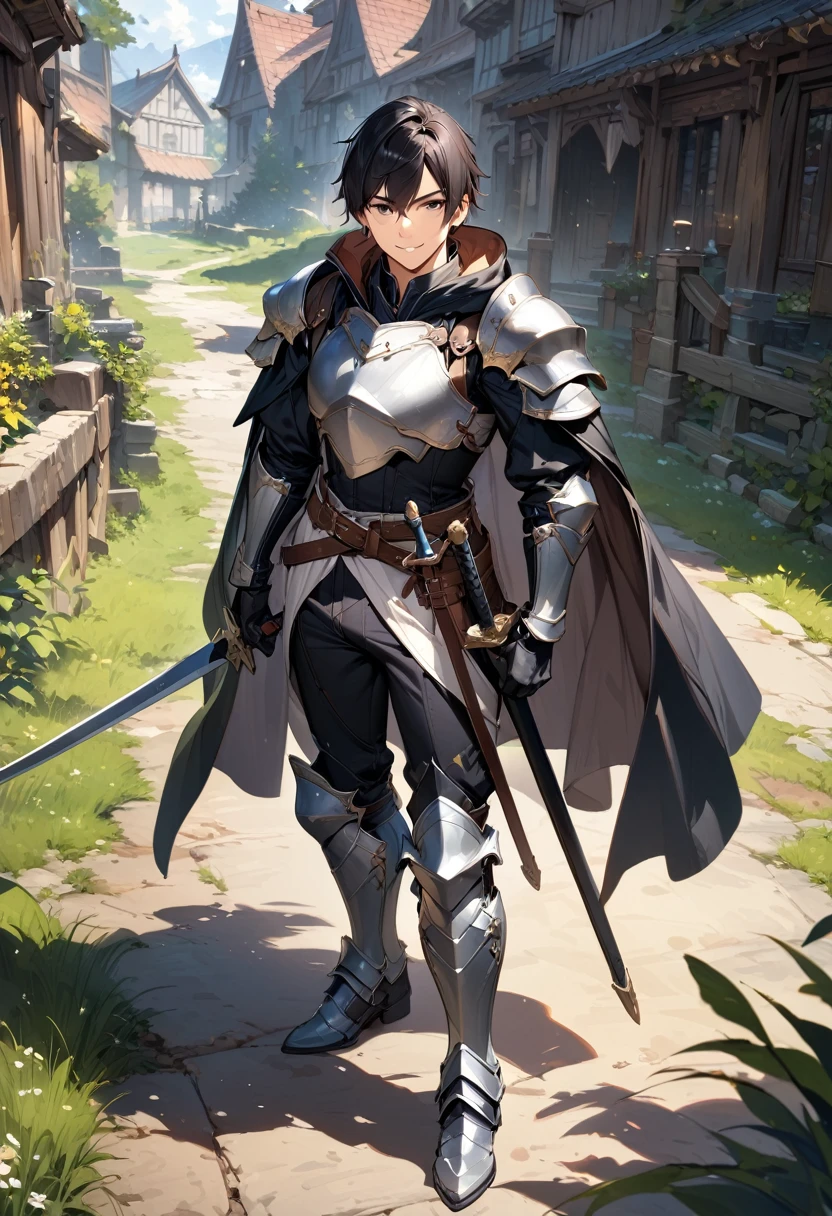 (masterpiece),(best quality),(ultra-detailed),(best illustration),(best shadow),(absurdres),(detailed background),(very aesthetic), 1boy, male-focus, armor, solo, cape, black-hair, gloves, holding, smile, belt, boots, full-body, standing, greaves, armored-boots, shoulder-armor, sheath, breastplate, pauldrons, short-hair, big bulge, large bulges in the crotch