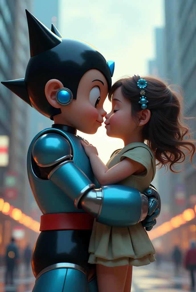 astro boy from the 2009 film carrying a girl in his arms while kissing