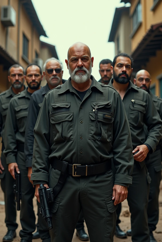 An advertising image of a commando group, composed of seven men who must be different from each other, and with the following characteristics: 
a bald man, 50 year old bearded man, athletic body, who is the boss and therefore goes in the center.  
A very tall man, athletic and with a pessimistic face.  a thin man, dressed as a drug dealer.  
a dwarf man of about 40 years old, Very bad. a very wrinkled man, something fat and with a cell phone. 
A very thin white man with a communications radio.  
A fat black man with a frying pan and lots of glasses in one hand. 
A very thin and tall man with a hungry face.  
a fat man with glasses.  
There must be a dwarf. They are all armed..  

And at the top it says LOS FRIOS, and below it says: Dark Intelligence Front... 

The background is a poor Latin American city
