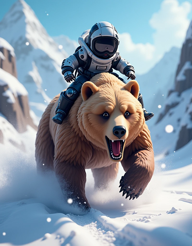 8K, HDR, ultra detailed, professional lighting, cinematic lighting, Photorealistic,  baby, fortnite style, sitting on a big brown angry bear, with cyberpunk style armor, running at great speed through nature, mountains, snow, dynamic camera angle, powerful composition, concentrated lines, scattered snow, great landscape