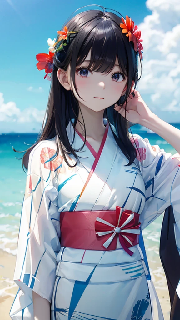 Black Hair、refreshing、Gravure-like background、Shortcuts、clear、Cute summer yukata、A pale white and red yukata、Summer blue sky、Summer Clouds、whole body、Ocean、Vision、