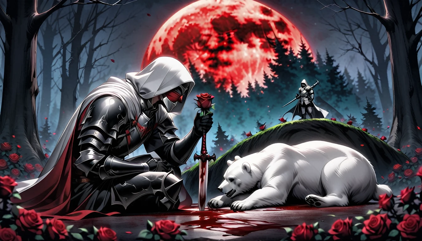 Male knight with a white hood with bear ears with sword behind his back sits on the ground towards a polar bear in a forest while the moon shines, many Roses cover the ground and lightning falls from the sky. The polar bear sleeps in front of the knight. Only the man wears a red blindfold. In the background of the picture is the blood moon and a tree has fallen down in the path. The forest is full of trees with leaves. The armor of the man is black and red roses decorate it. The knight smells on a rose.
