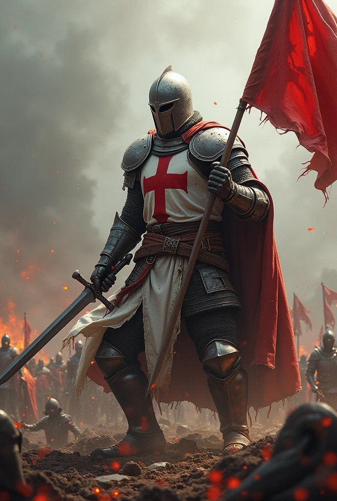 Create a realistic Templar warrior with blood on his helmet, holding his sword with both hands in the middle of war and make him hold a holy flag with the other hand.