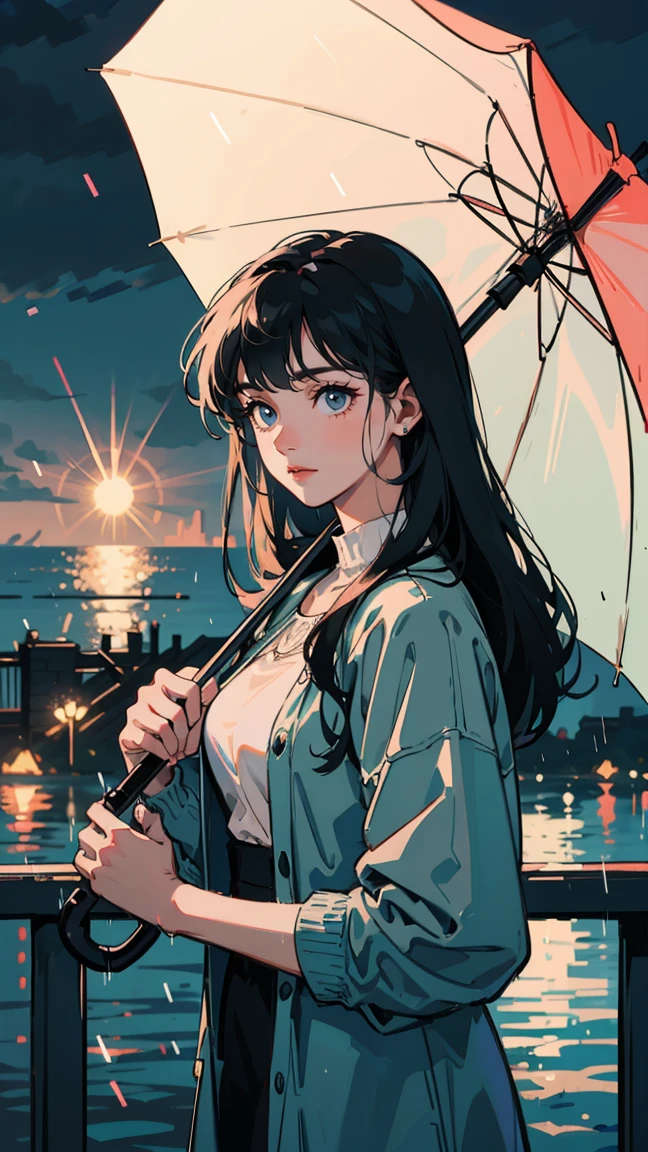 Angelic, One girl, Black and long straight hair, Sharp Hair, Facial Contour, Recall, rainy, In the city, Seaside, rain, Holding an umbrella, Lens flare, noon, bright, Natural Color, High resolution, Very delicate, Super detailed, 8k