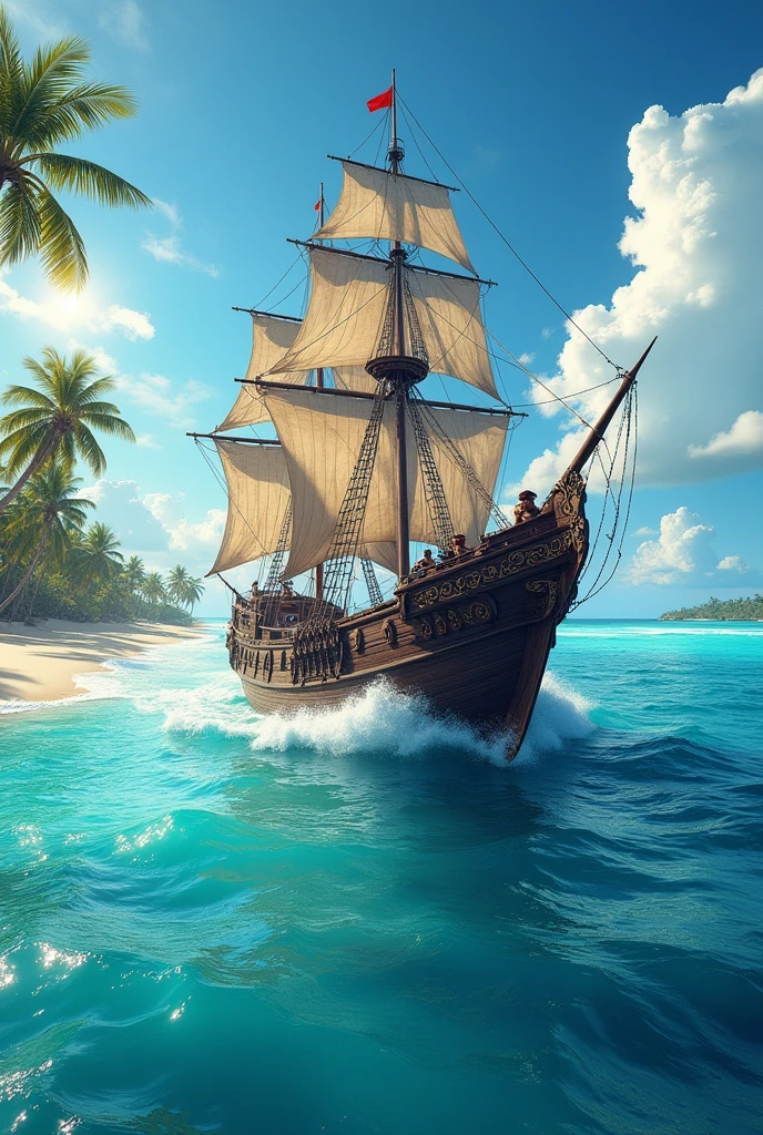 pirate ship in the ocean with a beach and palm trees, highly detailed digital artwork, amazing wallpaper, 8k high quality detailed art, 4k highly detailed digital art, highly detailed background, very high detailed, highly detailed 4 k art, 8k stunning artwork, amazing background, 8 k highly detailed art, highly detailed digital art, 4 k highly detailed art, official artwor Black