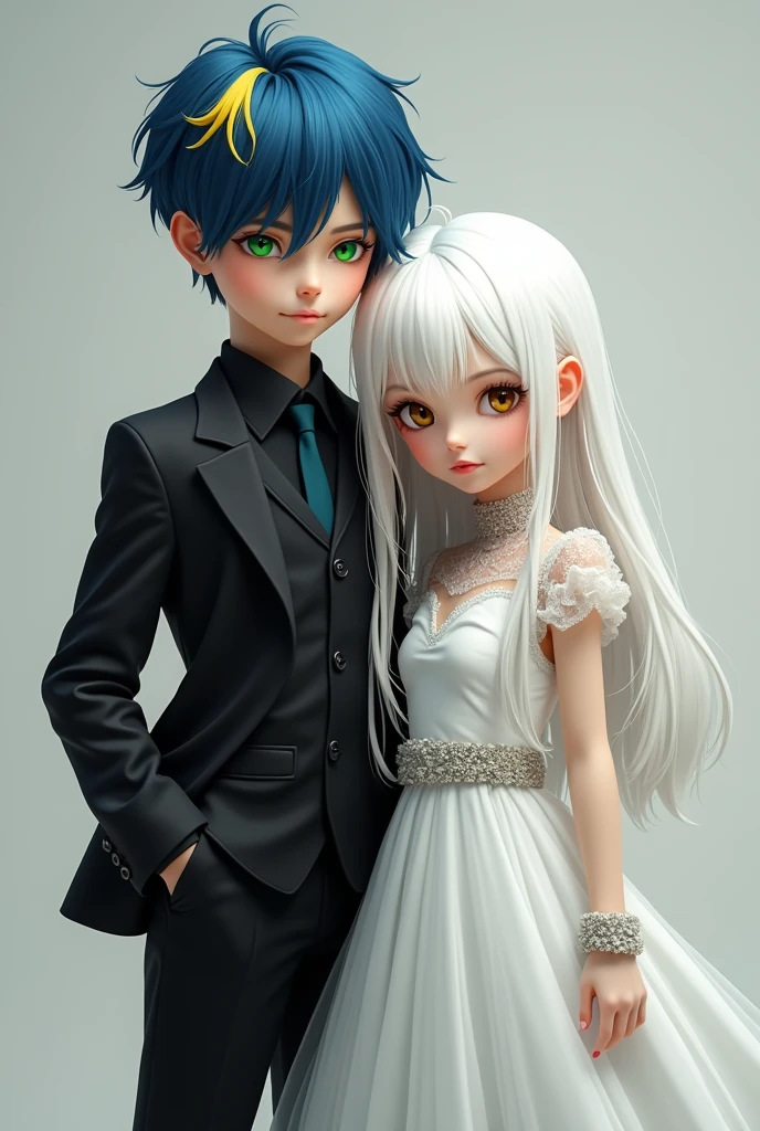 A boy in a smart black suit,with blue hair and a yellow lock of hair,and bright green eyes,a girl in a shiny white dress,with white hair,Brown eyes