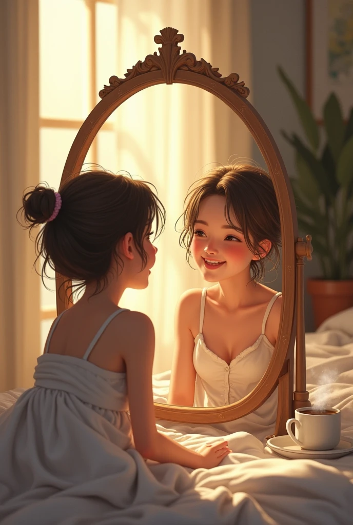 Image of a person waking up and smiling at the mirror.