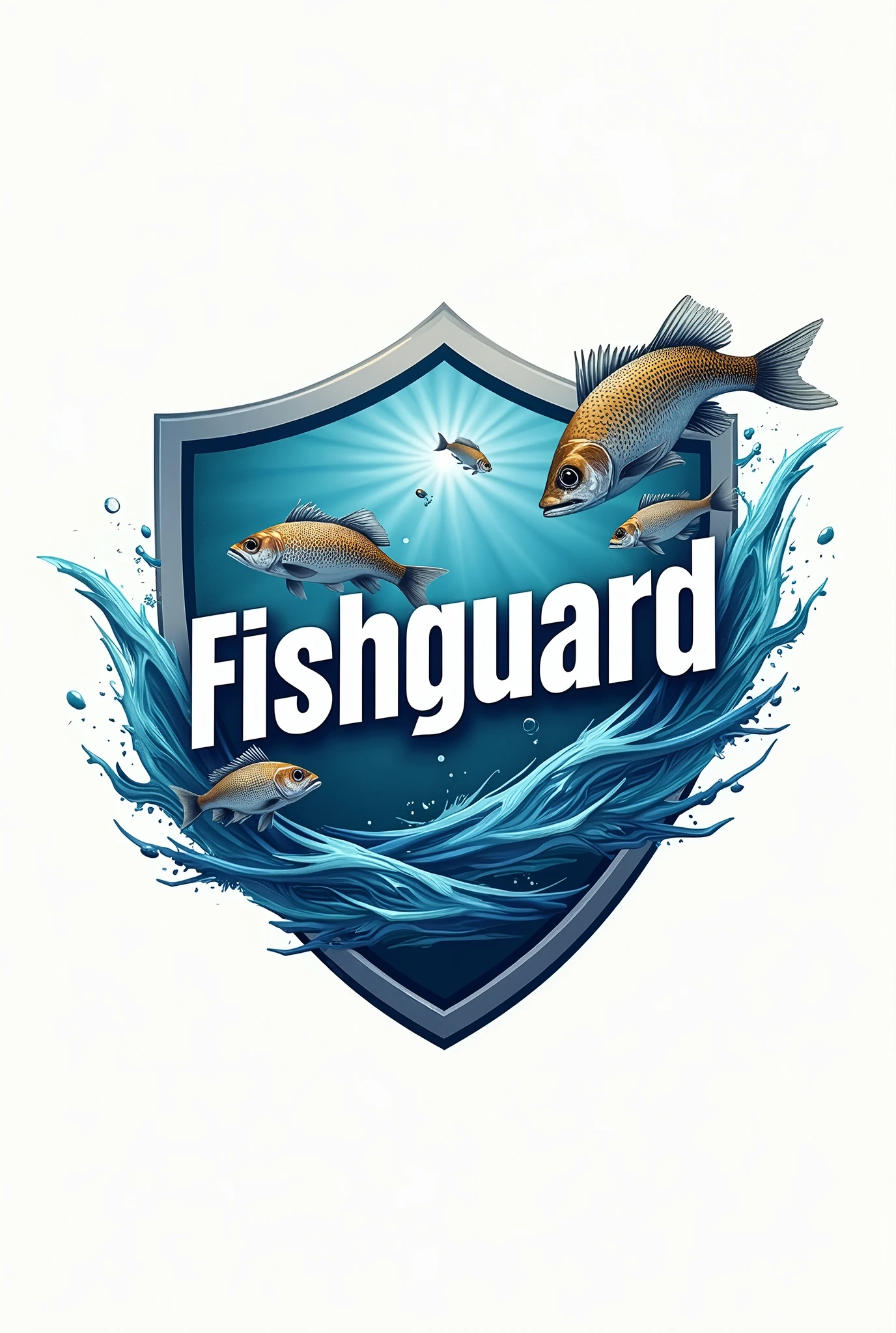 FishGuard sol the letters will be waves and the fish will look jumping not so realistic and the shield behind everything reminds the fish (tilapia) jump from the letters(FishGuard) that are transformed into waves and behind it all is a good eye-catching logo
