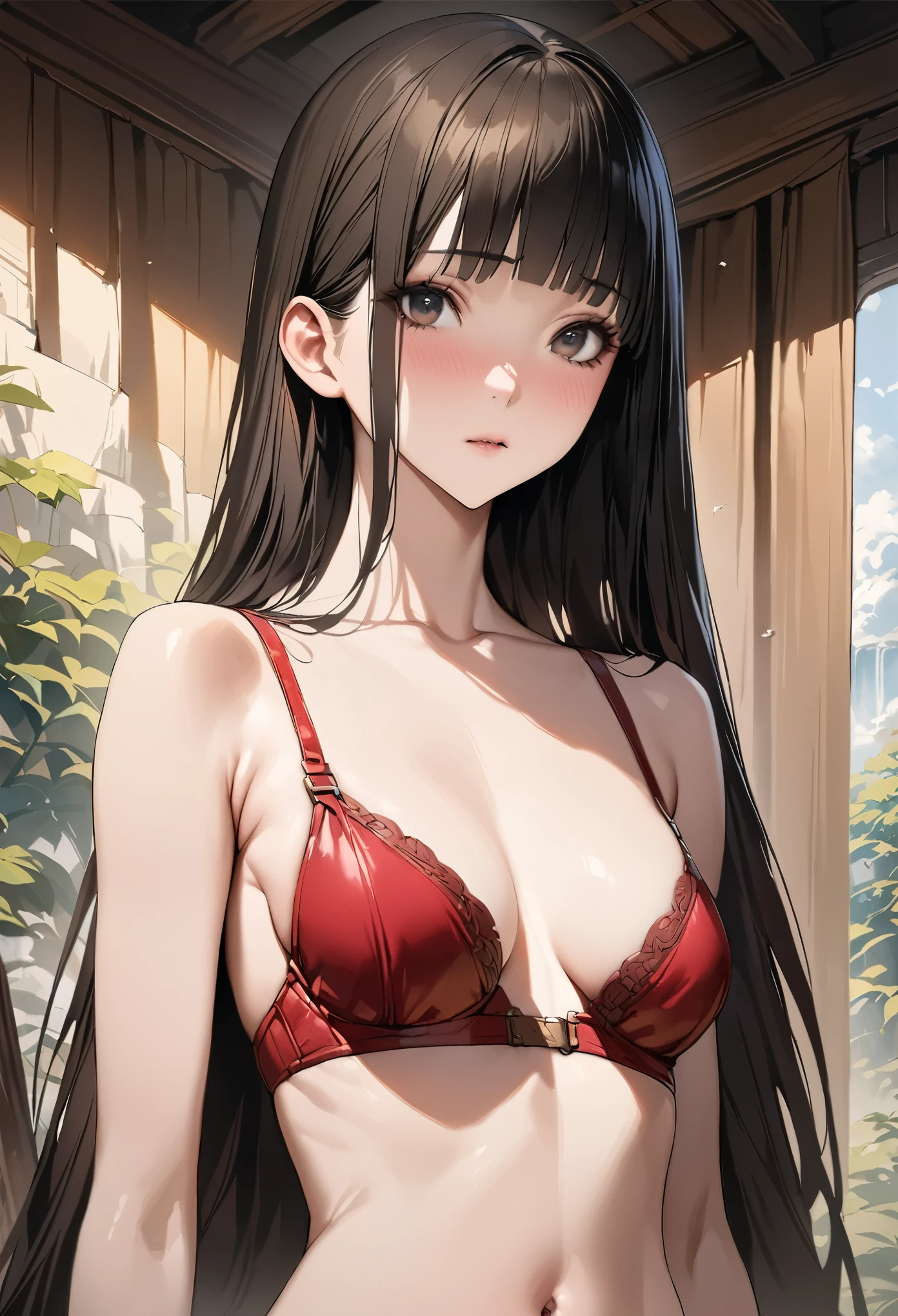 Fantasy art、((masterpiece,best quality anime,Highest quality:1.3)),realistic,portrait,1woman,(Mature Beauty),((very small head:1.4)),((very long body:1.3)),long hair,black hair,bangs,(gorgeous big eyes),black eyes,((slender body:1.3,skinny:1.2)),medium breasts,(Red Bra、navel、red loincloth、Fingerless leather gloves),standing、Large garden、A world of magic and fantasy、