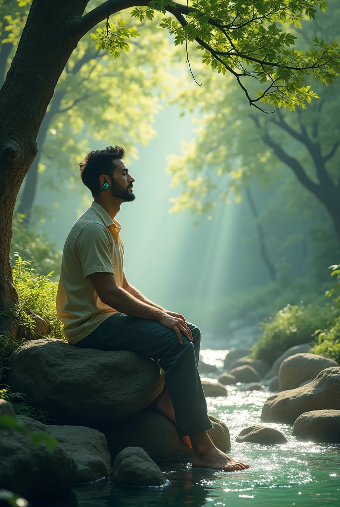 a man listening to music in nature 
