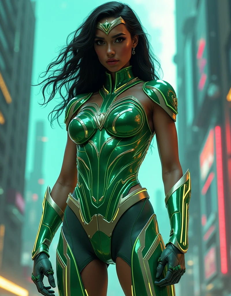 Wonder woman hyper realistic futuristic glossy green white suit glowing neon lights suit cyberpunk