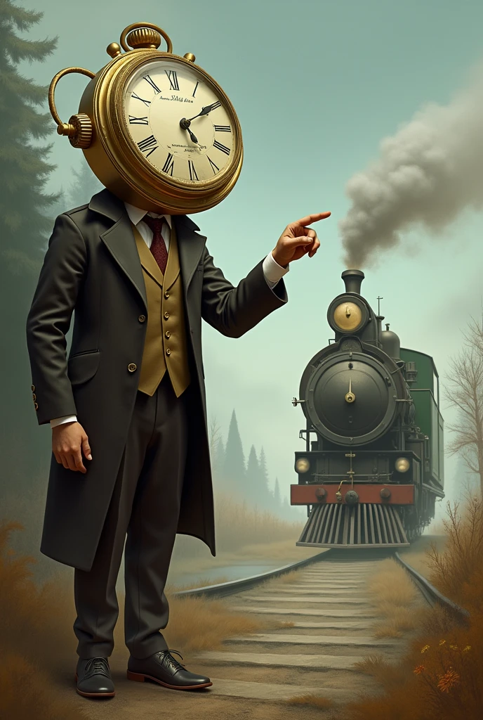 Guy with big watch instead of face pointing at guy with train instead of head far away