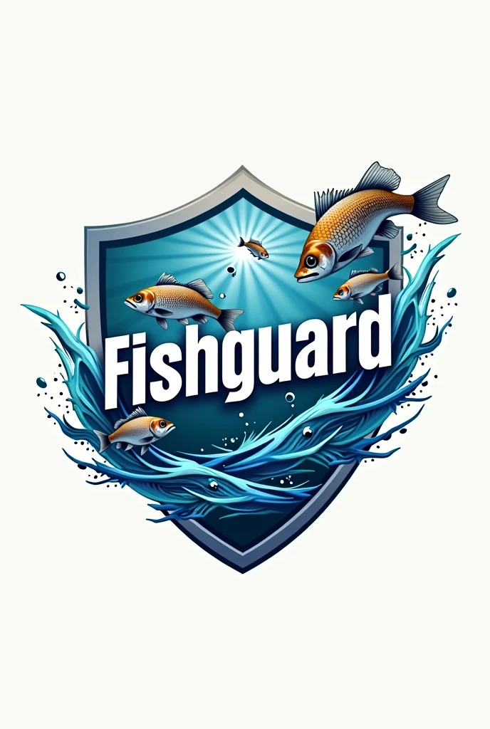 FishGuard sol the letters will be waves and the fish will look jumping not so realistic and the shield behind everything reminds the fish (tilapia) jump from the letters(FishGuard) that are transformed into waves and behind it all is a good eye-catching logo
