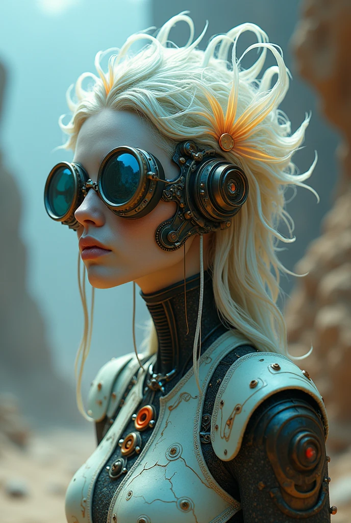 Ethereal Cyborg Woman, bioluminescent jellyfish tiara. Steampunk goggles merge with translucent tentacles. Cracked porcelain skin meets iridescent scales. Mechanical implants and delicate tendrils intertwine. Human characteristics with an otherworldly glow. Dreamy aquatic tones contrast with aged metal. Reflective eyes capture invisible worlds. Gentle bioluminescence meets a harsh desert landscape. Fusion of organic and synthetic, ancient and futuristic. Hyper-detailed textures, surreal atmosphere.