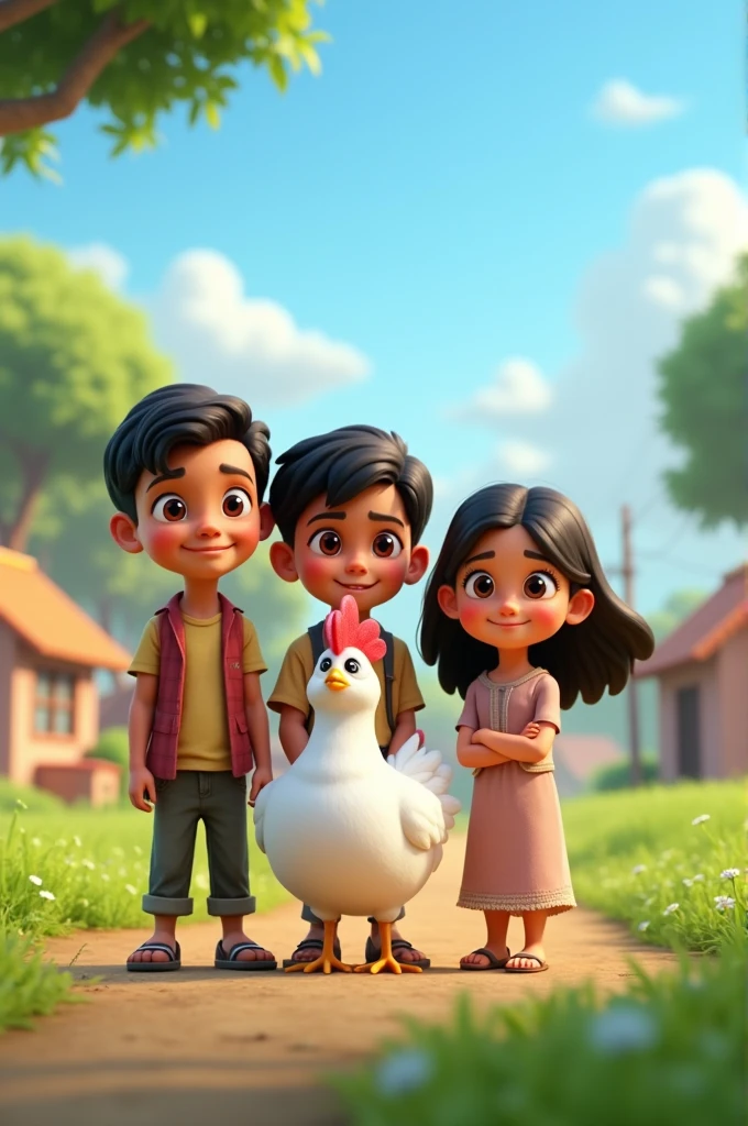 Three friends, Ali, Bilal, and Fatima, living in a small village with their beautiful white hen named Chandi.
A peaceful village setting with three children (two boys and one girl) smiling and standing next to a white hen. The village has small houses, green fields, and a clear sky 3d animated vibrant