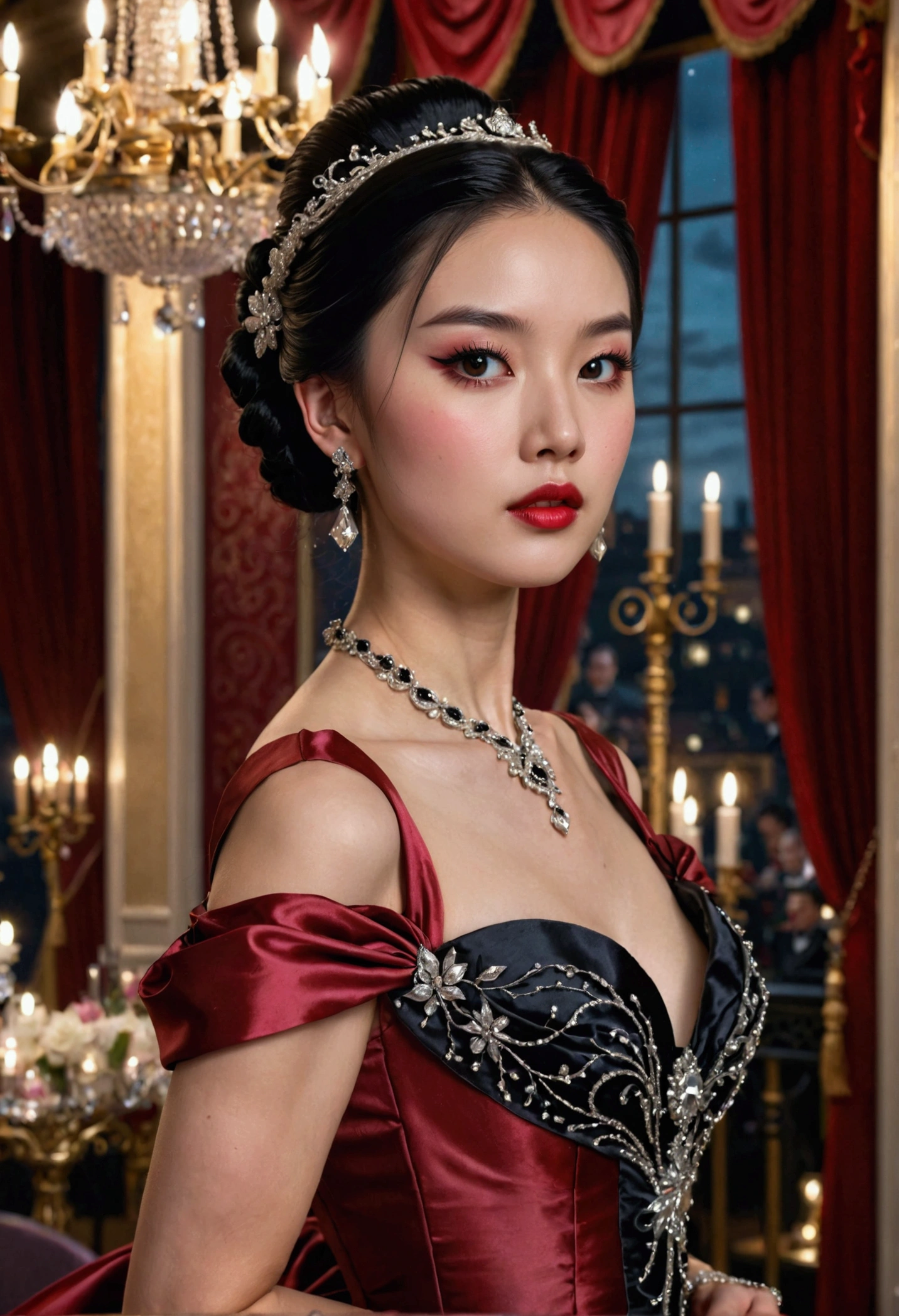 (photorealism:1.2), beautiful Asian girl with long black hair tied in an elegant updo, pale skin, full lips and dark eyes with long eyelashes wearing a scarlet European-Victorian ballgown, diamond jewelry, at a ballroom at night.