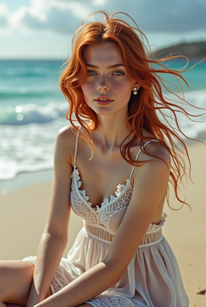 (photorealism:1.2), realistic photo of a thin natural italian ager girl, wearing a very short white nightgown with lace, with red hair blowing in the wind and blue eyes, with pale complexion and a little freckles on the face, proud gaze towards the camera, sitting on a sandy beach, in the background blue sea with very small waves crashing on the shore with rays of light filtering through the clouds, rim lighting, natural lighting, dslr, ultra quality, sharp focus, tack sharp, dof, film grain, 8K UHD