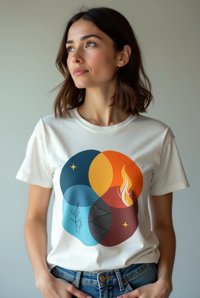 One woman 25 years clothing t-shirt in the inner  of t-shirt stamp have four elements, water, fire, earth and vaper.