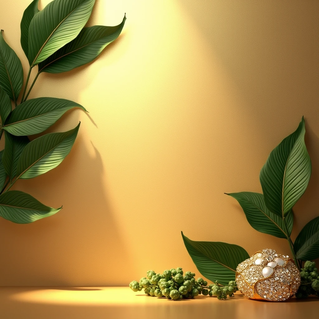 "A luxurious and realistic background featuring a subtle golden texture with a rich, elegant finish. In the upper left corner, include large, glossy green leaves that add a touch of natural beauty. In the bottom right corner in small in size and make space , place similar green leaves intertwined with sparkling, natural crystals, creating a sophisticated contrast against the golden backdrop. The lighting should be soft and warm, highlighting the luxurious texture and enhancing the realism, making it the perfect setting for showcasing exquisite jewelry items."