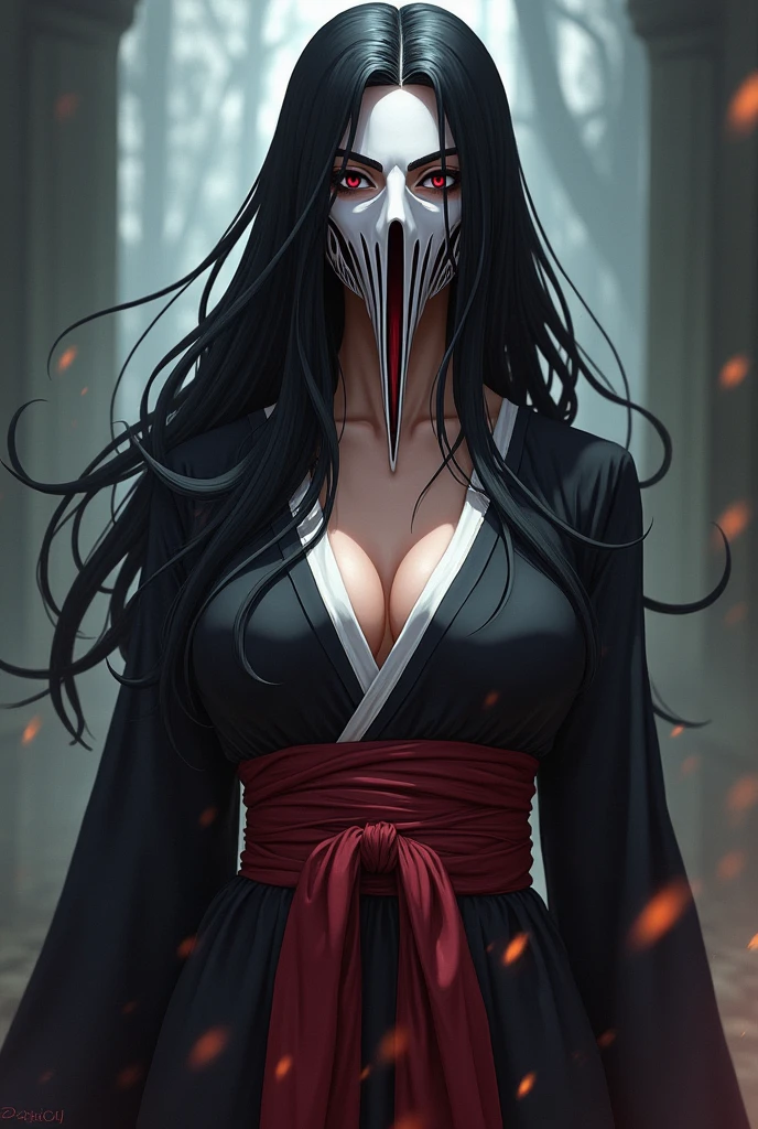 Sara Sampaio as an Arrancar from Bleach, wearing traditional Arrancar attire with a hollow mask and distinctive features. Digital art, anime style, detailed, atmospheric.