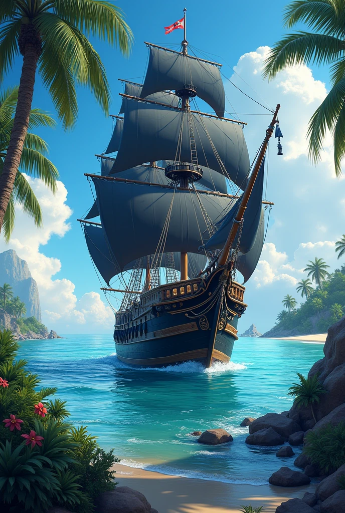 pirate Black ship in the ocean with a beach and palm trees, highly detailed digital artwork, amazing wallpaper, 8k high quality detailed art, 4k highly detailed digital art, highly detailed background, very high detailed, highly detailed 4 k art, 8k stunning artwork, amazing background, 8 k highly detailed art, highly detailed digital art, 4 k highly detailed art, official artwor