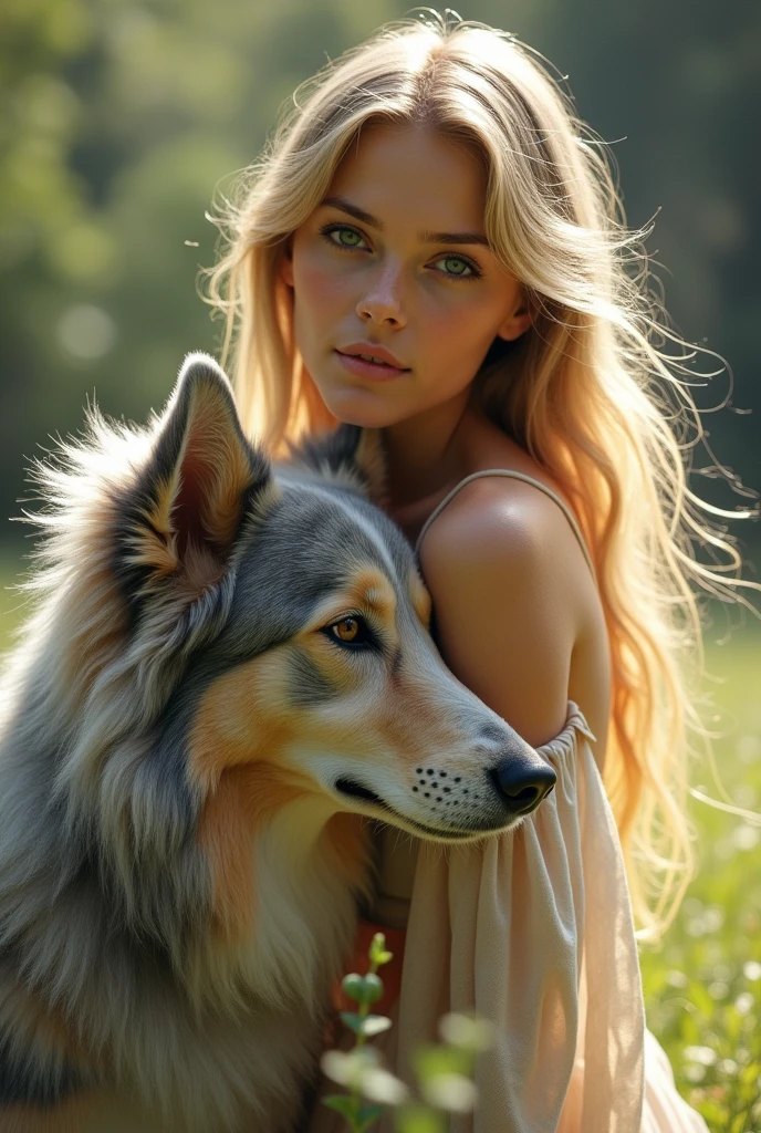 Long blonde haired woman with a blue merle Australian Shepherd