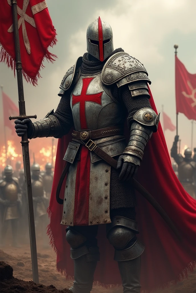 Create a realistic Templar warrior with red markings on his helmet,  holding his sword with both hands in the middle of war and make him hold a holy flag with the other hand.