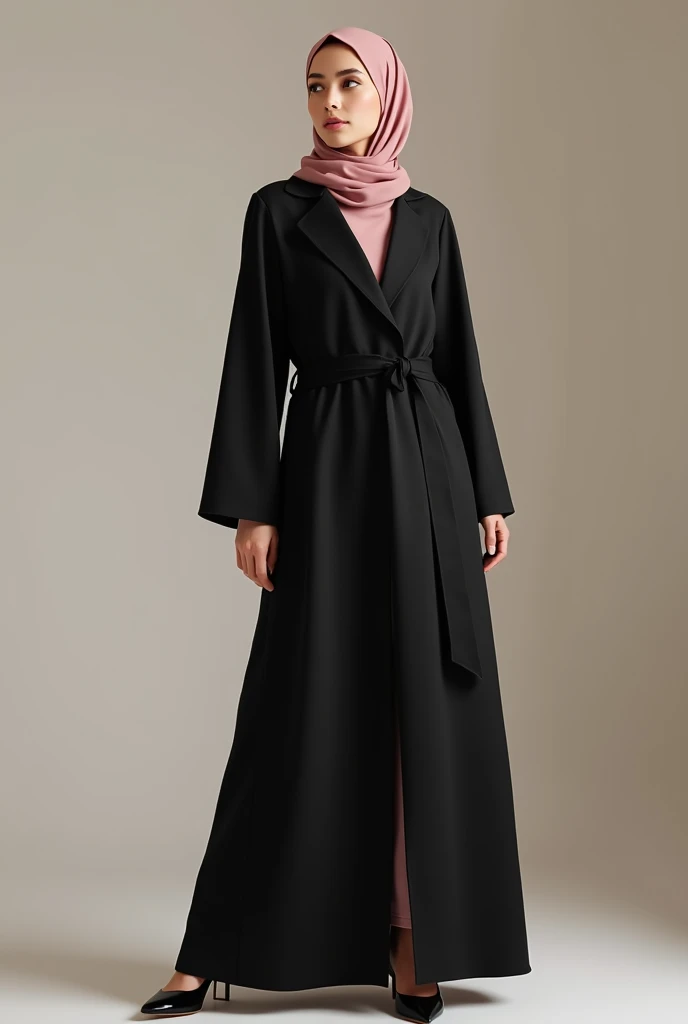 a woman with a black simple yet elegant  design  abaya with less lose sleeves  and with some hoock button  fron behind to open and wear easyly with dusty rose pink hijab without belt on bottom 