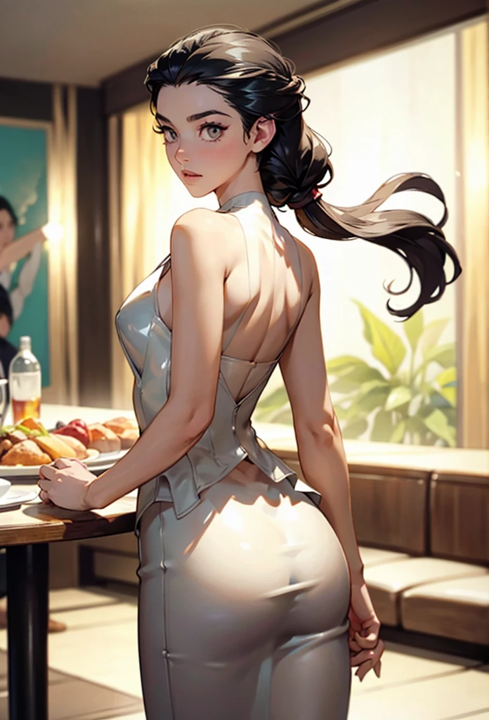 perfect eyes:1.2, detailed eyes:1.4, m0n1c4b-v2, very long hair, no blunt, hair pulled back, forehead, black hair, brown eyes, from behind, ass, looking back, restaurant, dr3ss, white dress, bare shoulders, latex, breasts, medium full shot, thigh-level shot, 1girl, solo, (masterpiece:1.6, best quality),