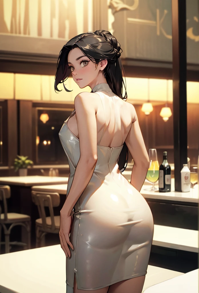 perfect eyes:1.2, detailed eyes:1.4, m0n1c4b-v2, very long hair, no blunt, hair pulled back, forehead, black hair, brown eyes, from behind, ass, looking back, restaurant, dr3ss, white dress, bare shoulders, latex, breasts, medium full shot, thigh-level shot, 1girl, solo, (masterpiece:1.6, best quality),