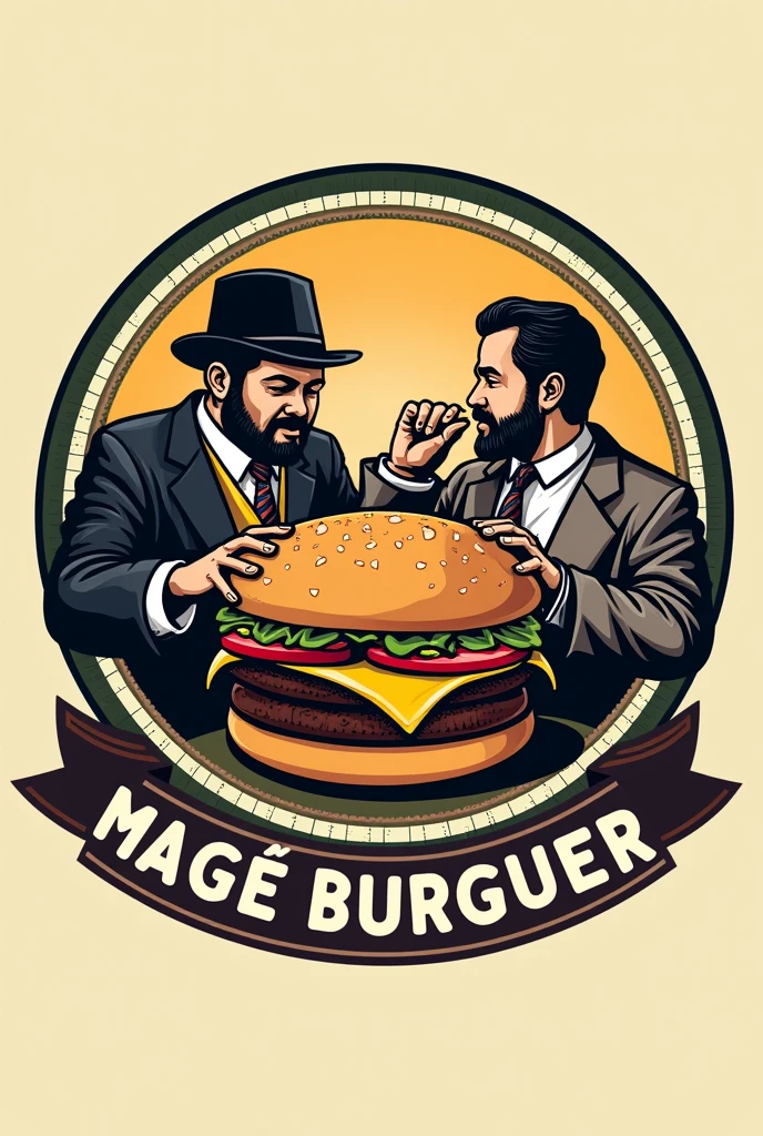 Create a Logo for a Burger Restaurant called Magé Burguer that contains the historical elements of the city, For example:The oldest city in Rio de Janeiro is where the Portuguese first set foot.. There you will find the first railway line in Brazil. Baron of Mauá lived in this city. Father José de Anchieta passed through the city. Mané Garrincha was born there. I want the logo to express the characters well and make reference to the hamburger., For example barão de Mauá, Mané Garrincha eating a hamburger, an Indian and Father José de Anchieta eating a hamburger