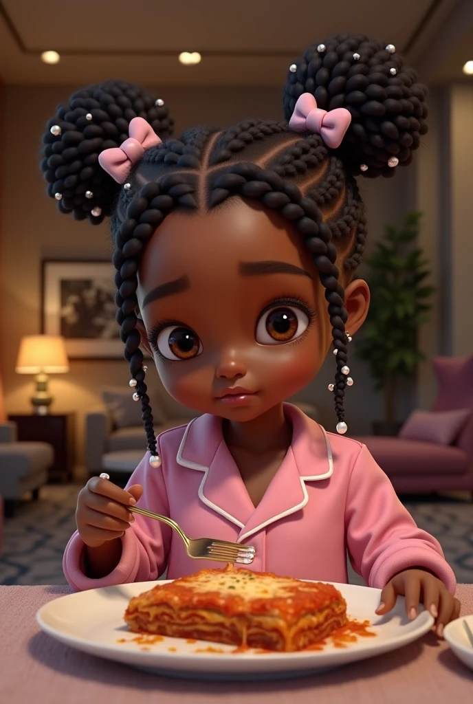 Une noir de 4ans ,avec des yeux marrons et un beau petit nez. Elle est chez elle dans la salle à manger. La salle est tres luxeuse ,et tres moderne. Elle deguste des lasagnes. Elle est un peu triste car elle séparé des ses par donc elle est garde par une baby-sitter mais la baby-sitter n’est pas sur la photo. La de 4ans a un petit pyjama rose Minnie Mouse. Elle a des nattes avec des perles blanches pailletées . Et c’est le soir il est environ 20h15 et c’est l’automn