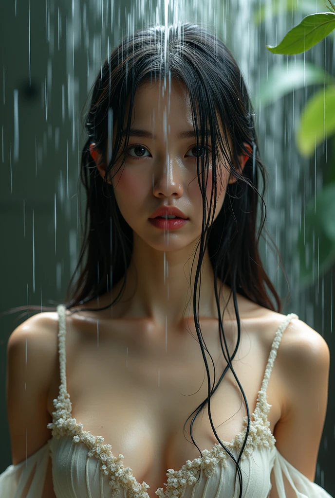 she likes to be very wet a high-resolution image capturing a young model with long, straight, wet hair covering her face under a shower with a water hose. the obscured face emits a cute, youthful vibe reminiscent of a 1 actress/model year 16 asian. she adorns an elegant, voluminous gala dress with a floral pattern and voluminous sleeves,