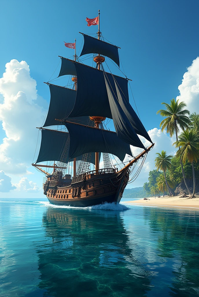 pirate Black ship in the ocean with a beach and palm trees, highly detailed digital artwork, amazing wallpaper, 8k high quality detailed art, 4k highly detailed digital art, highly detailed background, very high detailed, highly detailed 4 k art, 8k stunning artwork, amazing background, 8 k highly detailed art, highly detailed digital art, 4 k highly detailed art, official artwor