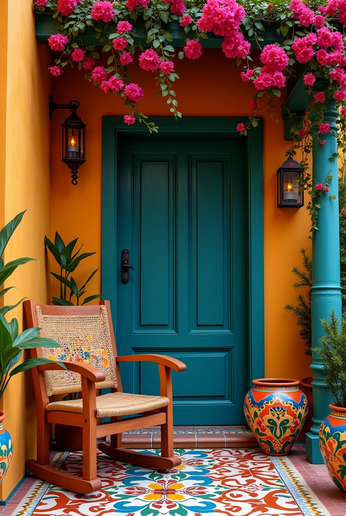 Colorful Mexican front porch with talavera tiles, bougainvillea climbing the wall, a wood chair with woven seat, painted in bright fluorescent talavera patterns, and colorful pottery