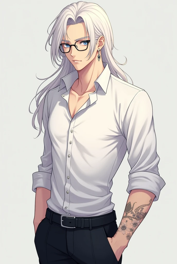 (anime style) a young man, soft but rather elegant facial and body features, thin but with fairly prominent muscles, tattoo on right arm, blue eyes, long white hair, wear glasses. wearing a white shirt and sleeves rolled up to the elbow, black trousers, several rings on fingers and earrings in ears