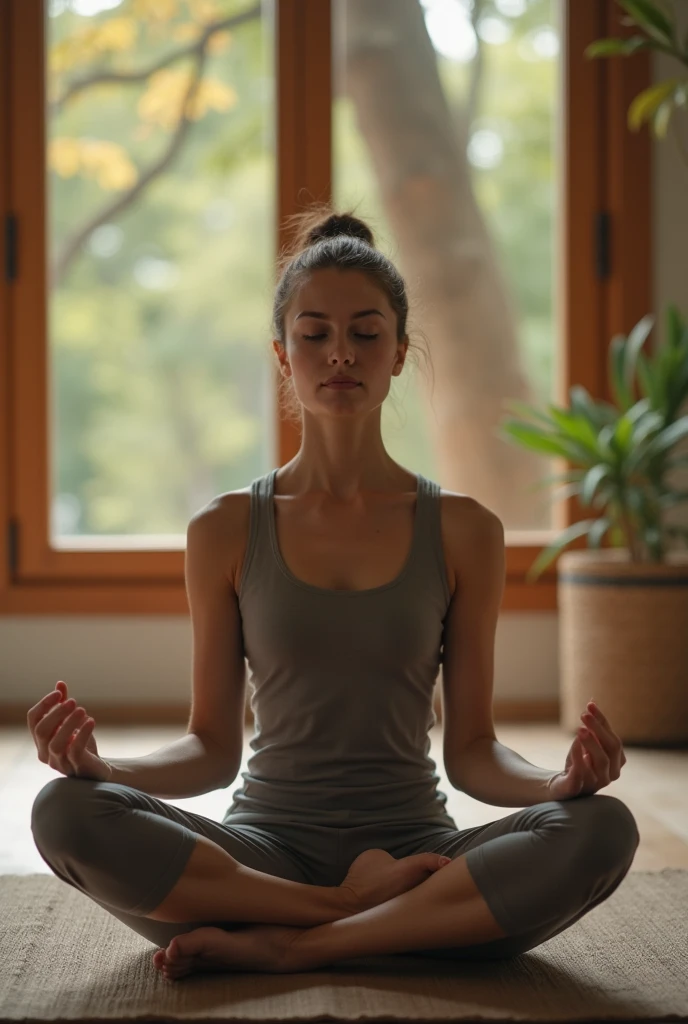 Image of a person sitting in a meditation position, with closed eyes and a serene expression.
