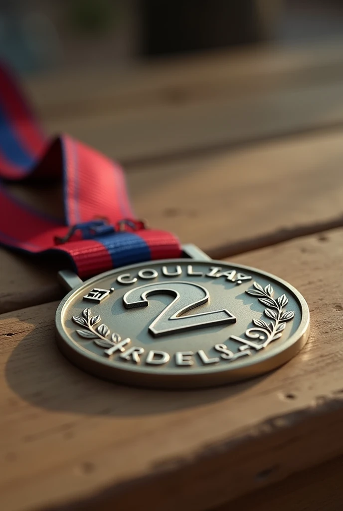 Second place medal on a wooden table, that looks like it was taken from a phone, with 720p quality