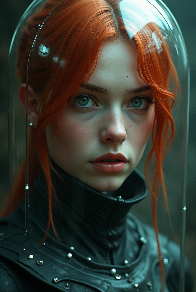 cinematic closeup portrait of 1girl,  redhead, (sad, look away), solo, raining,    neon light, 
 (oil painting by  Andre Kohn John Berkey) cyberpunk