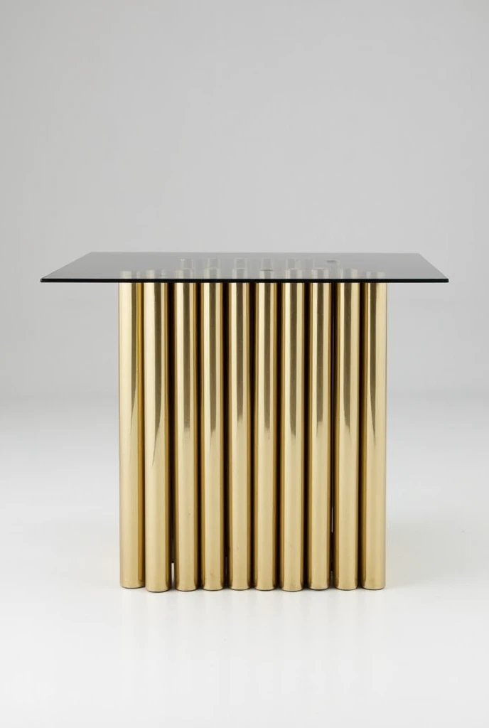 Modern and innovative design table base, featuring a sharp angle and a letter-like shape. "L" With vertical metal tubes arranged in a graduated manner. The metal tubes are made of a shiny gold-like material, adding a touch of luxury and elegance to the design.. The top of the base is flat and stable, making it ideal for supporting glass or wood table tops..

The design combines simplicity and modern architecture, with eye-catching aesthetic details.. This model reflects an elegant artistic touch and can be used as a base for a living room table or a side table in the living room, adding a touch of sophistication and distinction to any interior space.