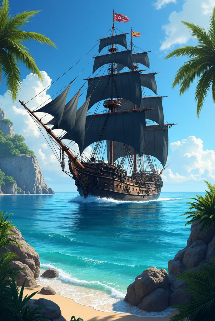 pirate Black ship in the ocean with a beach and palm trees, highly detailed digital artwork, amazing wallpaper, 8k high quality detailed art, 4k highly detailed digital art, highly detailed background, very high detailed, highly detailed 4 k art, 8k stunning artwork, amazing background, 8 k highly detailed art, highly detailed digital art, 4 k highly detailed art, official artwor