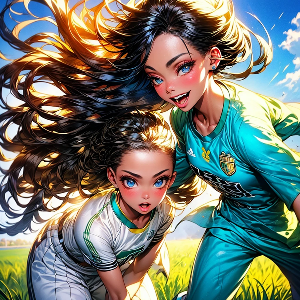 1 girl with soccer shirt, beautiful detailed eyes, beautiful detailed lips, extremely detailed face, long eyelashes, beautiful girl, soccer player, playing soccer, outdoor field, lush green grass, blue sky, bright sunlight, realistic, photorealistic, masterpiece, 8k, high quality, vibrant colors, dynamic composition, cinematic lighting