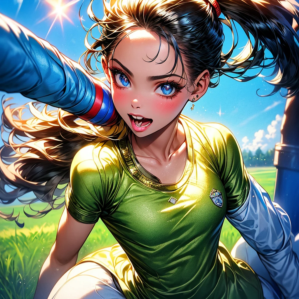 1 girl with soccer shirt, beautiful detailed eyes, beautiful detailed lips, extremely detailed face, long eyelashes, beautiful girl, soccer player, playing soccer, outdoor field, lush green grass, blue sky, bright sunlight, realistic, photorealistic, masterpiece, 8k, high quality, vibrant colors, dynamic composition, cinematic lighting