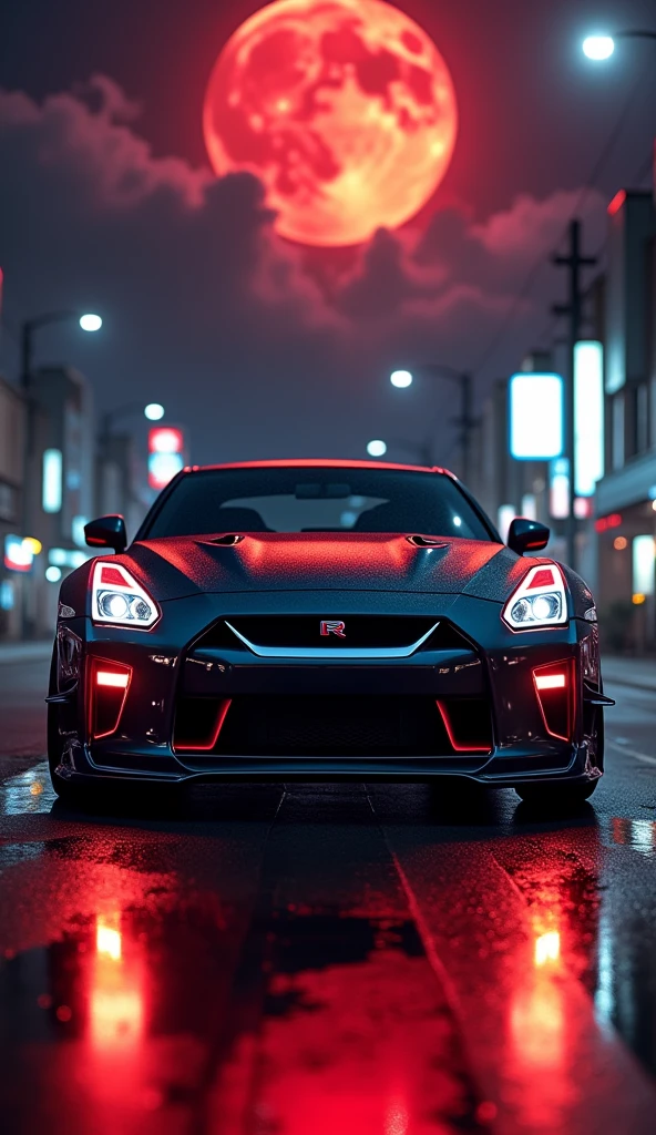 A masterfully crafted 8k art photography of a sleek, modified Nissan GTR NISMO in JDM color, showcasing black and neon glow red metallic tones. The car is meticulously placed amidst a serene Japanese night street, surrounded by Night city ,Setting the time at night,There is a red full moon in the dark, cloudy sky. The composition is a seamless blend of photorealistic concept art and cinematic lighting, reminiscent of the masterful techniques employed by Raphael, Caravaggio, and Greg Rutkowski. The render showcases natural volumetric lighting, with soft, perfect shadows that evoke a chiaroscuro effect. The image pays homage to the works of artists such as Beeple, Beksinski, and H.R. Giger and is sure to captivate and inspire viewers with its breathtaking beauty and attention to, 3d render, cinematic, photo
